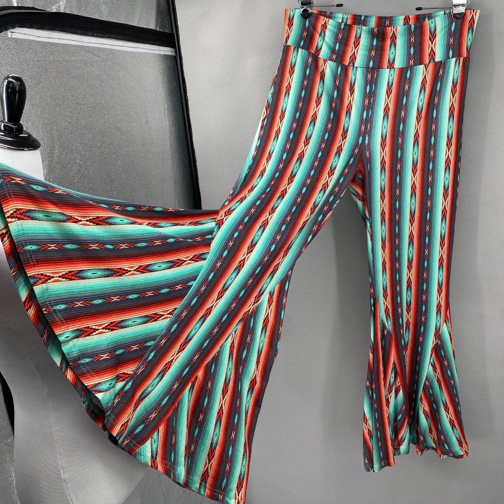 Crazy Train Serape Bell Bottom Pants Womens 2X Turquoise Red Tribal Flare Leg
